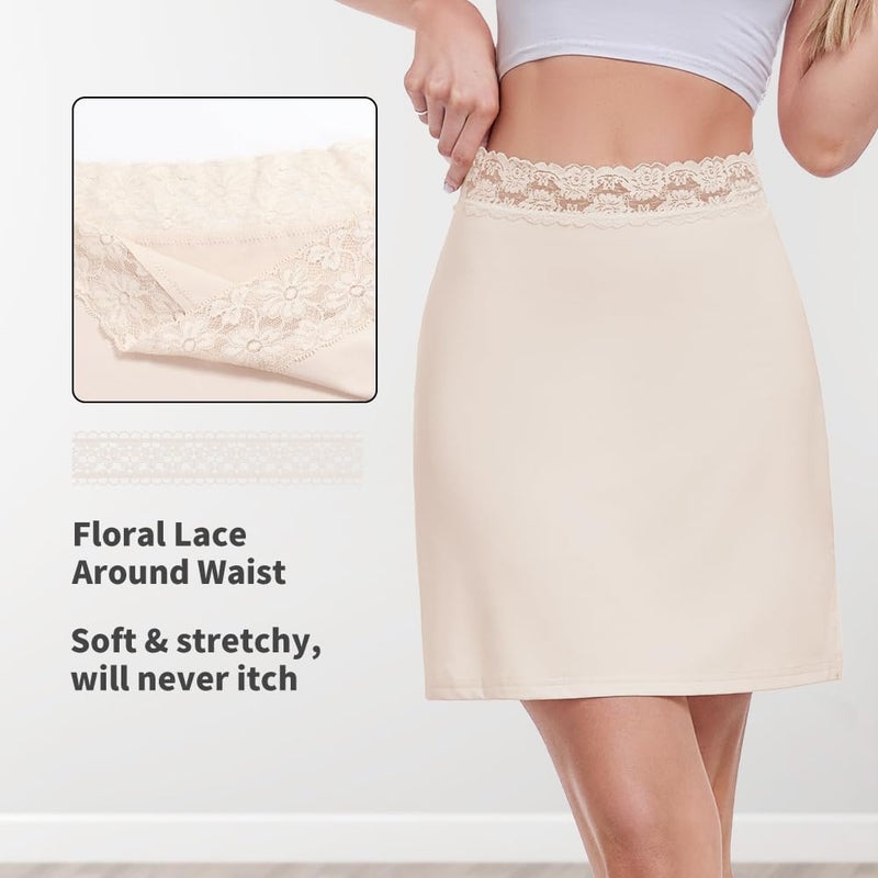 MANCYFIT Half Slips for Women Underskirt Short Mini Skirt with Floral Lace Waistband Nude Medium - Image 2